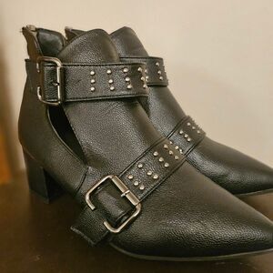 Studded Buckle Cut-Out Ankle Boots